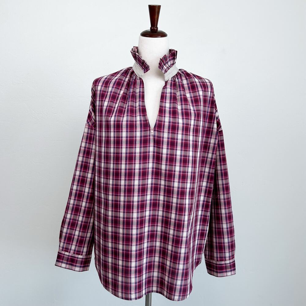 A Shirt Thing Ruffle Collar Berry Plaid Cotton Long Sleeve Penelope Shirt MEDIUM